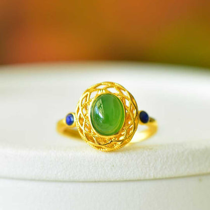 925 Silver Inlaid Hetian Spinach Green Nephrite Filigree - Wrapped Ring - jewelry - weilin.com