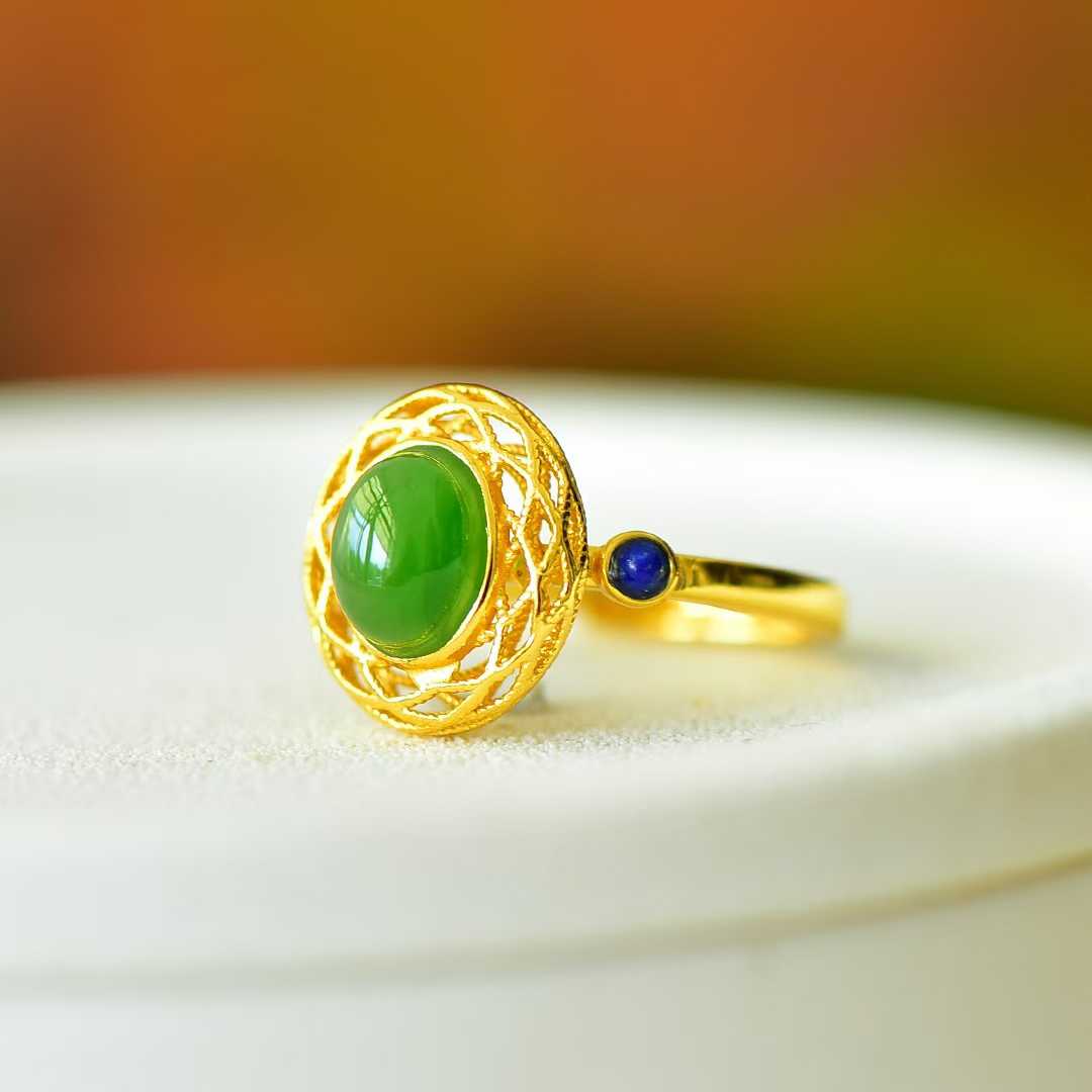 925 Silver Inlaid Hetian Spinach Green Nephrite Filigree - Wrapped Ring - jewelry - weilin.com