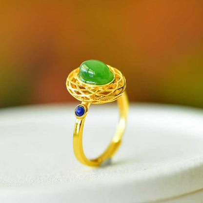 925 Silver Inlaid Hetian Spinach Green Nephrite Filigree - Wrapped Ring - jewelry - weilin.com