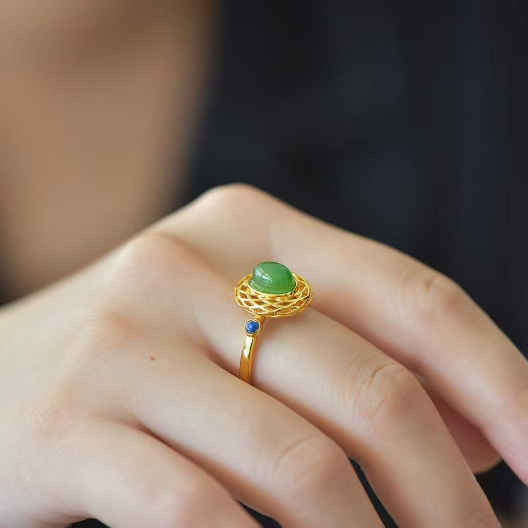 925 Silver Inlaid Hetian Spinach Green Nephrite Filigree - Wrapped Ring - jewelry - weilin.com