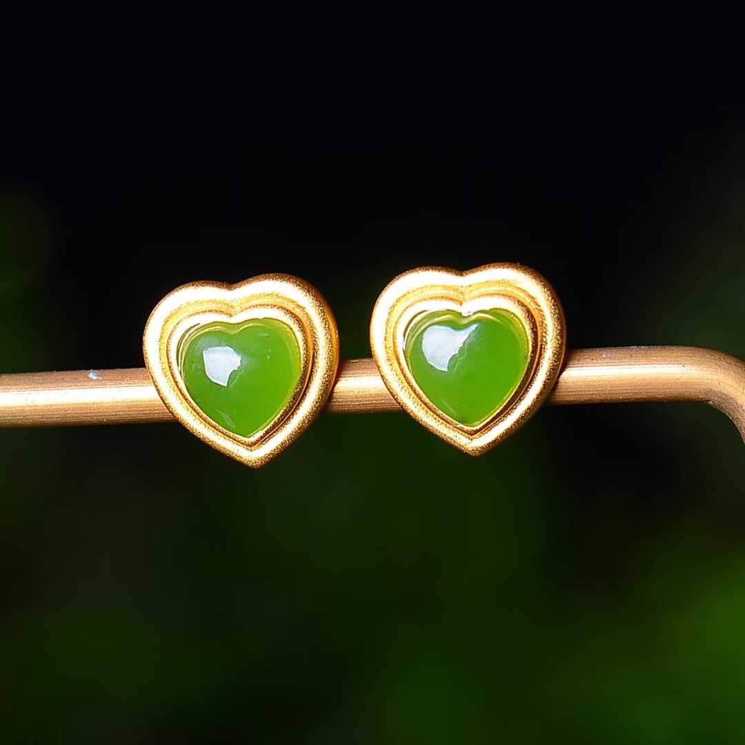 925 Silver Inlaid Hetian Spinach Green Nephrite Heart - Shaped Stud Earrings - jewelry - weilin.com