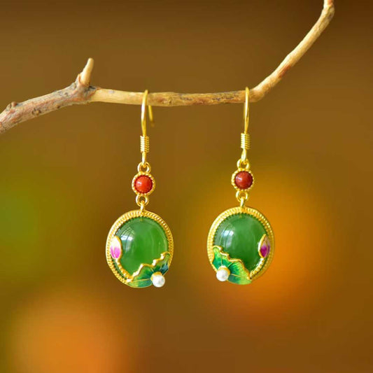 925 Silver Inlaid Hetian Spinach Green Nephrite "Lotus & Harmony" Stud Earrings - jewelry - weilin.com