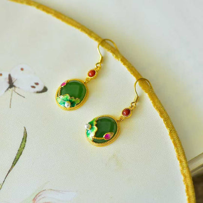 925 Silver Inlaid Hetian Spinach Green Nephrite "Lotus & Harmony" Stud Earrings - jewelry - weilin.com