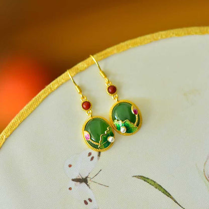 925 Silver Inlaid Hetian Spinach Green Nephrite "Lotus & Harmony" Stud Earrings - jewelry - weilin.com