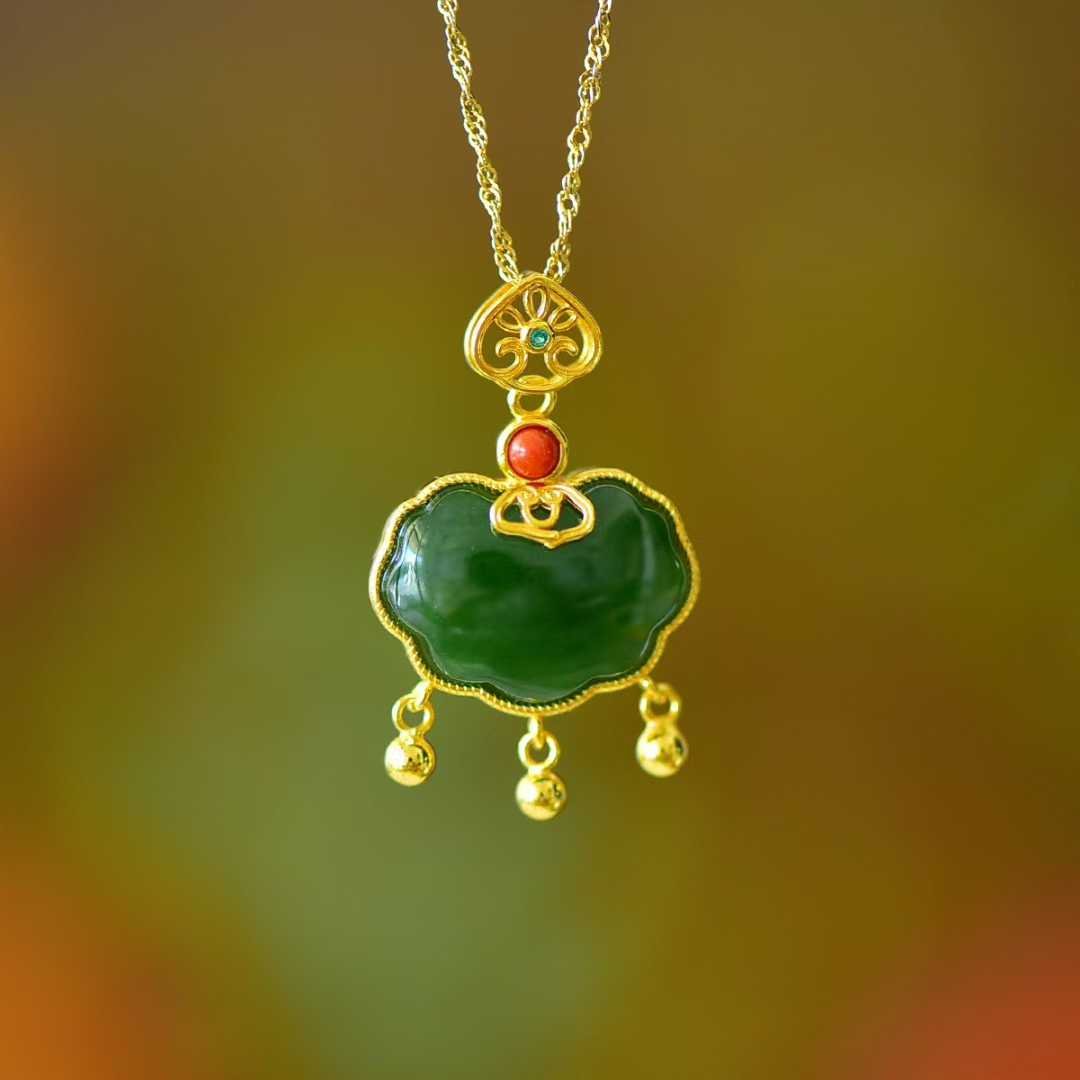 925 Silver Inlaid Hetian Spinach Green Nephrite Ruyi Lock Pendant (with Silver Chain) - jewelry - weilin.com