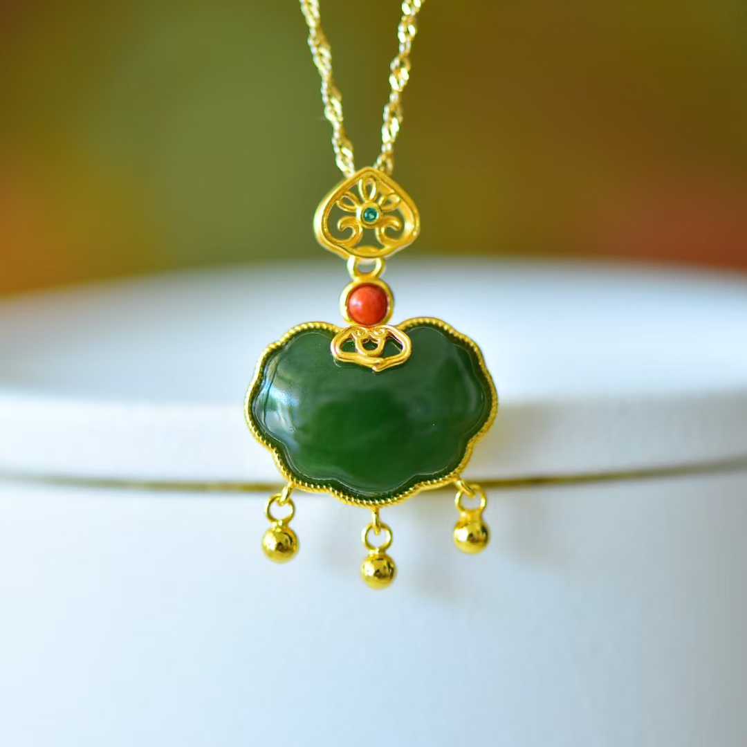 925 Silver Inlaid Hetian Spinach Green Nephrite Ruyi Lock Pendant (with Silver Chain) - jewelry - weilin.com