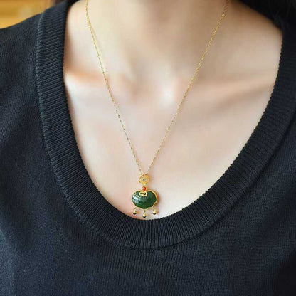 925 Silver Inlaid Hetian Spinach Green Nephrite Ruyi Lock Pendant (with Silver Chain) - jewelry - weilin.com