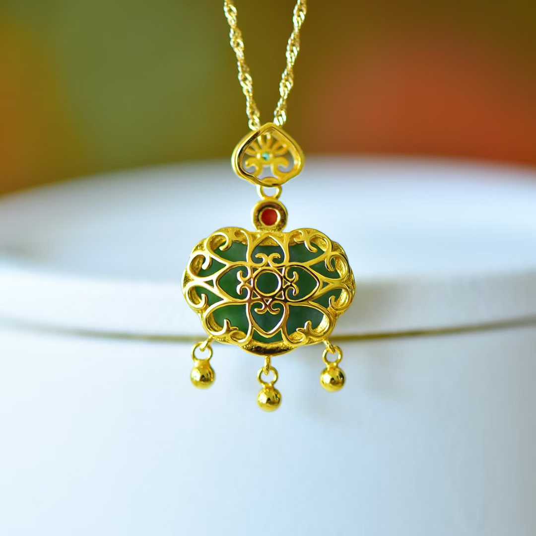 925 Silver Inlaid Hetian Spinach Green Nephrite Ruyi Lock Pendant (with Silver Chain) - jewelry - weilin.com