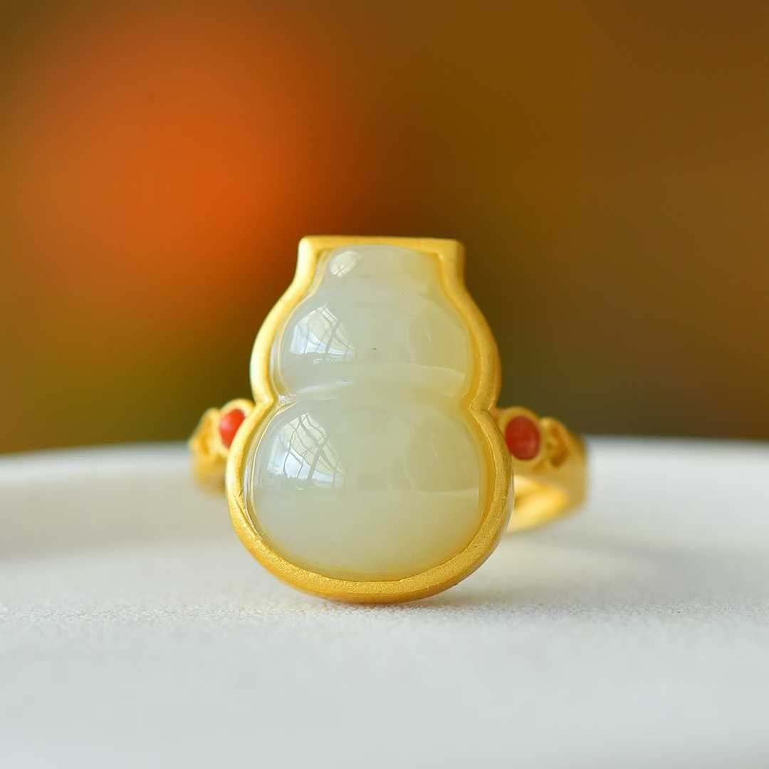 925 Silver Inlaid Hetian White Nephrite Gourd Ring - jewelry - weilin.com