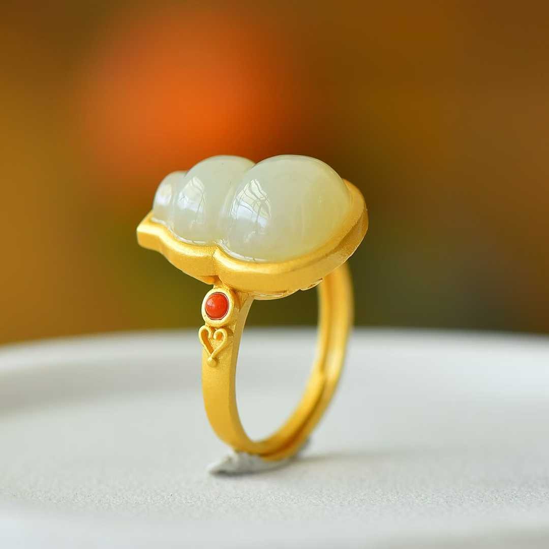 925 Silver Inlaid Hetian White Nephrite Gourd Ring - jewelry - weilin.com