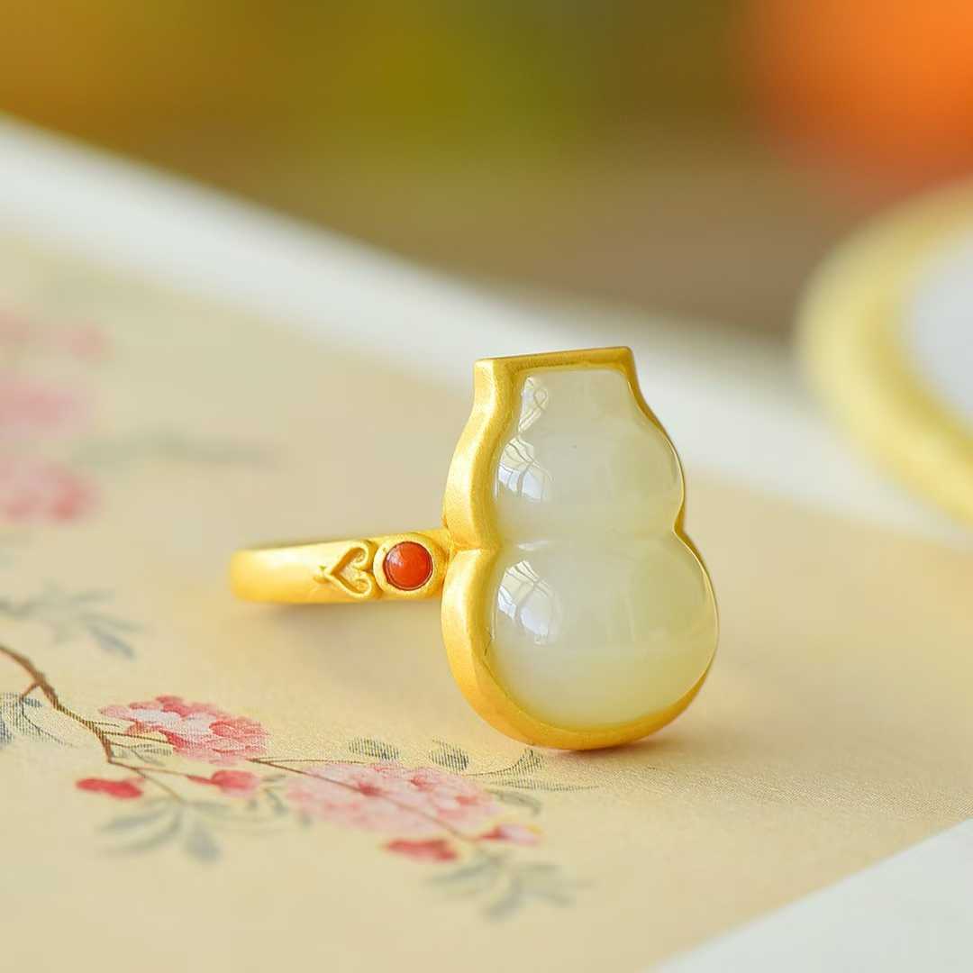925 Silver Inlaid Hetian White Nephrite Gourd Ring - jewelry - weilin.com