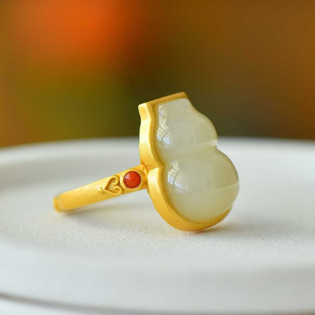 925 Silver Inlaid Hetian White Nephrite Gourd Ring - jewelry - weilin.com