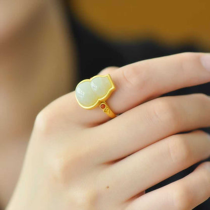 925 Silver Inlaid Hetian White Nephrite Gourd Ring - jewelry - weilin.com