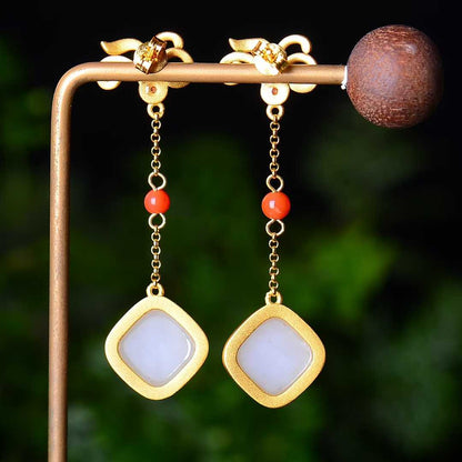 925 Silver Inlaid Natural Nephrite Drum - Face Earrings - jewelry - weilin.com