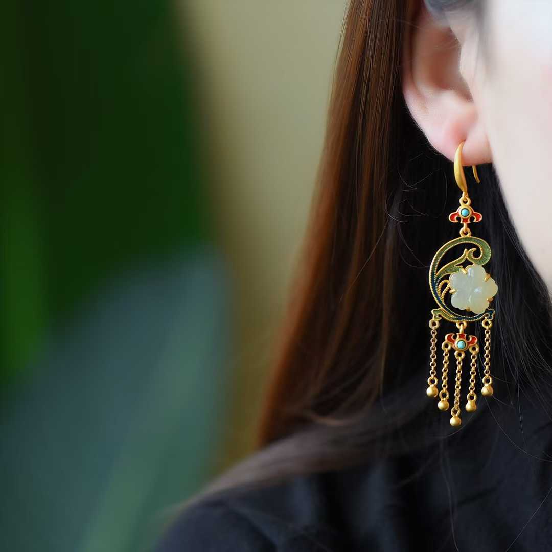 925 Silver Inlaid Natural Nephrite Drum - Face Earrings - jewelry - weilin.com