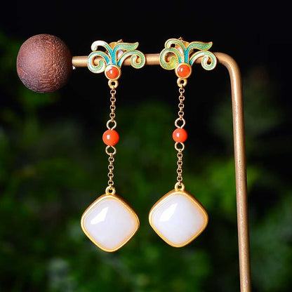 925 Silver Inlaid Natural Nephrite Drum - Face Earrings - jewelry - weilin.com
