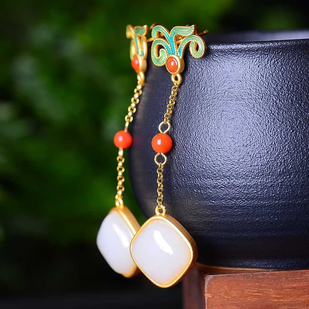 925 Silver Inlaid Natural Nephrite Drum - Face Earrings - jewelry - weilin.com