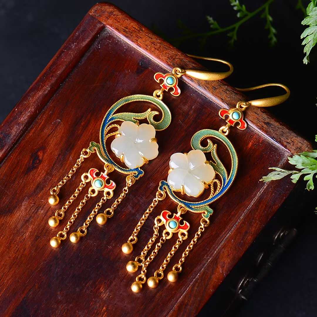 925 Silver Inlaid Natural Nephrite Drum - Face Earrings - jewelry - weilin.com