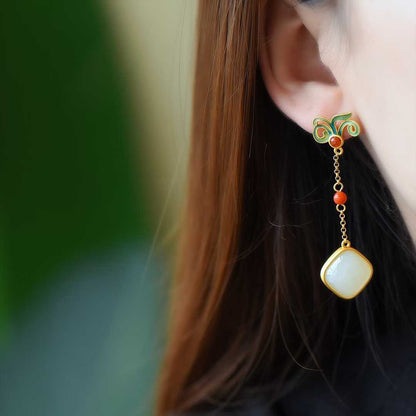 925 Silver Inlaid Natural Nephrite Drum - Face Earrings - jewelry - weilin.com