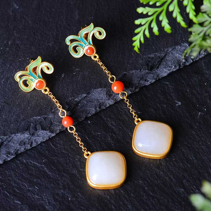 925 Silver Inlaid Natural Nephrite Drum - Face Earrings - jewelry - weilin.com
