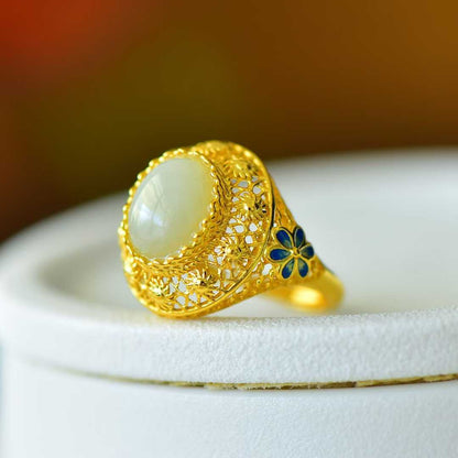 925 Silver Inlaid Nephrite "All the Way Blossoming" Ring - jewelry - weilin.com