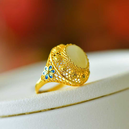 925 Silver Inlaid Nephrite "All the Way Blossoming" Ring - jewelry - weilin.com