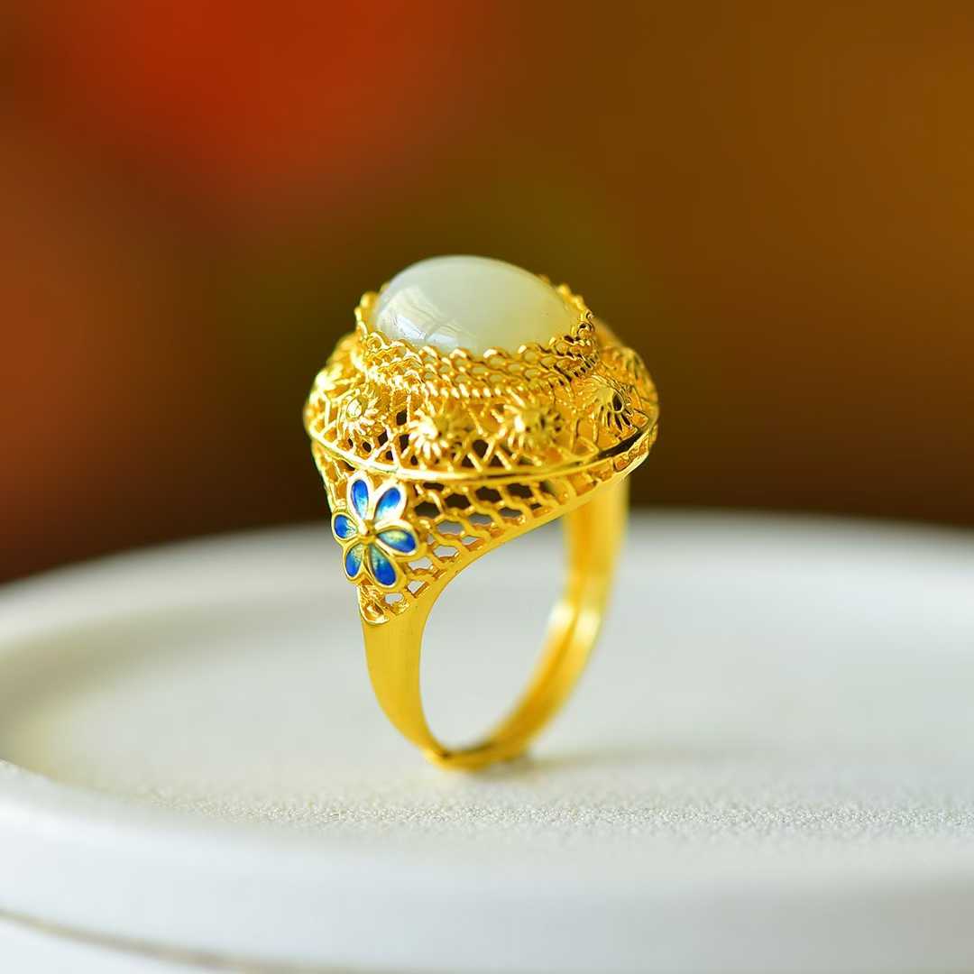 925 Silver Inlaid Nephrite "All the Way Blossoming" Ring - jewelry - weilin.com