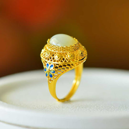 925 Silver Inlaid Nephrite "All the Way Blossoming" Ring - jewelry - weilin.com