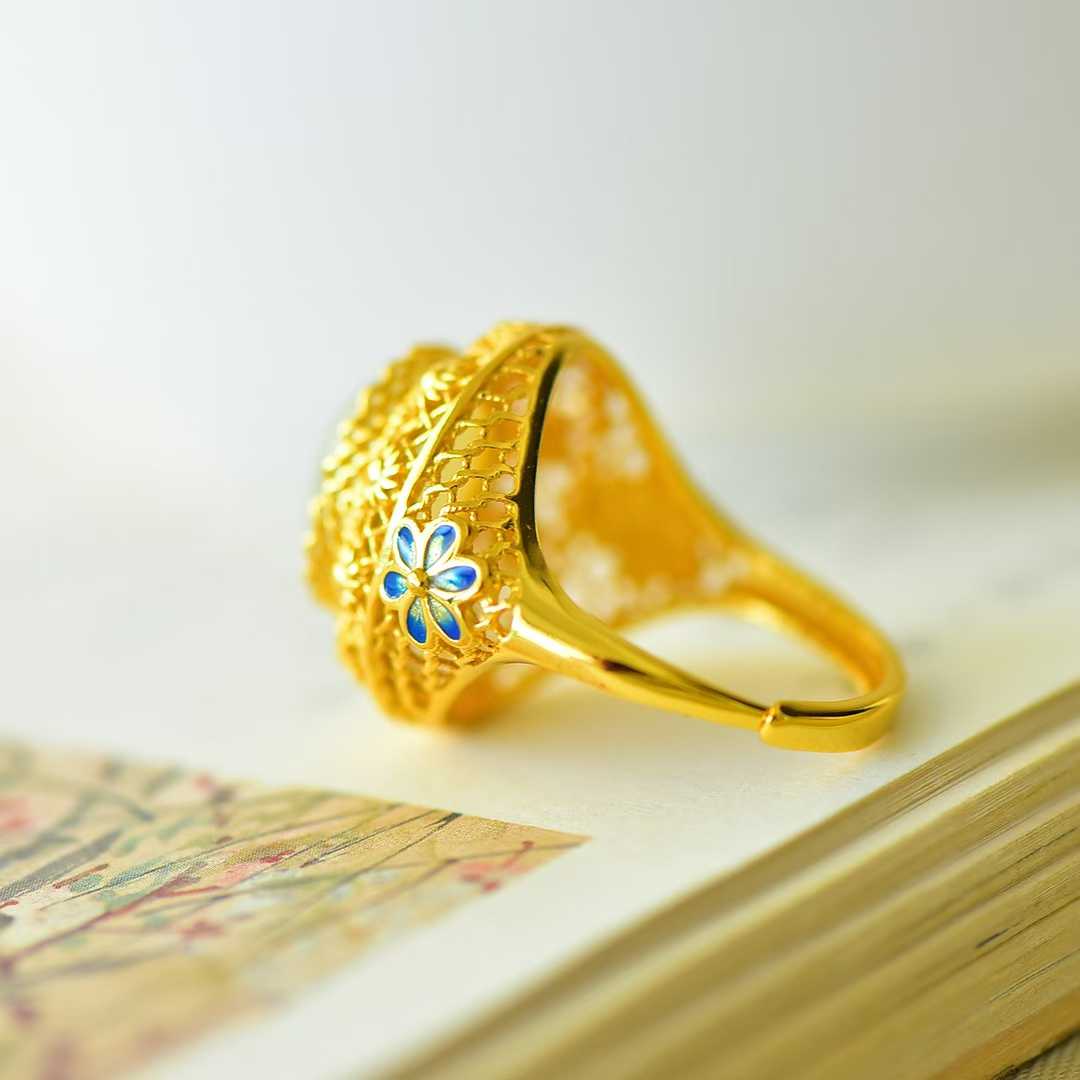 925 Silver Inlaid Nephrite "All the Way Blossoming" Ring - jewelry - weilin.com