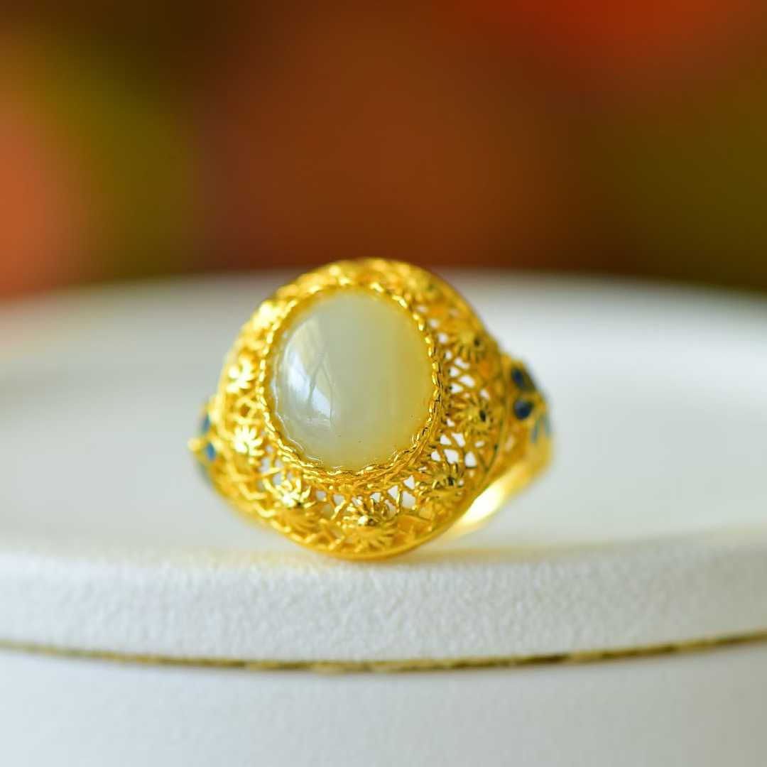 925 Silver Inlaid Nephrite "All the Way Blossoming" Ring - jewelry - weilin.com