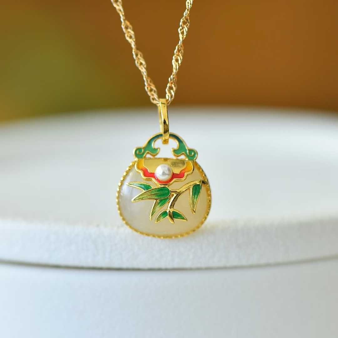 925 Silver Inlaid Nephrite "Bamboo Reports Safety" Bag Charm - jewelry - weilin.com