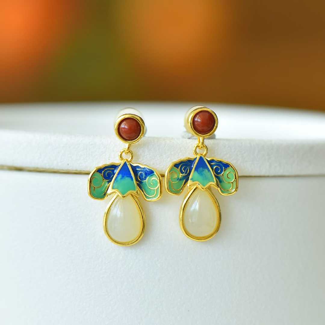 925 Silver Inlaid Nephrite "Blessings Before Eyes" Teardrop Enamel Earrings - jewelry - weilin.com