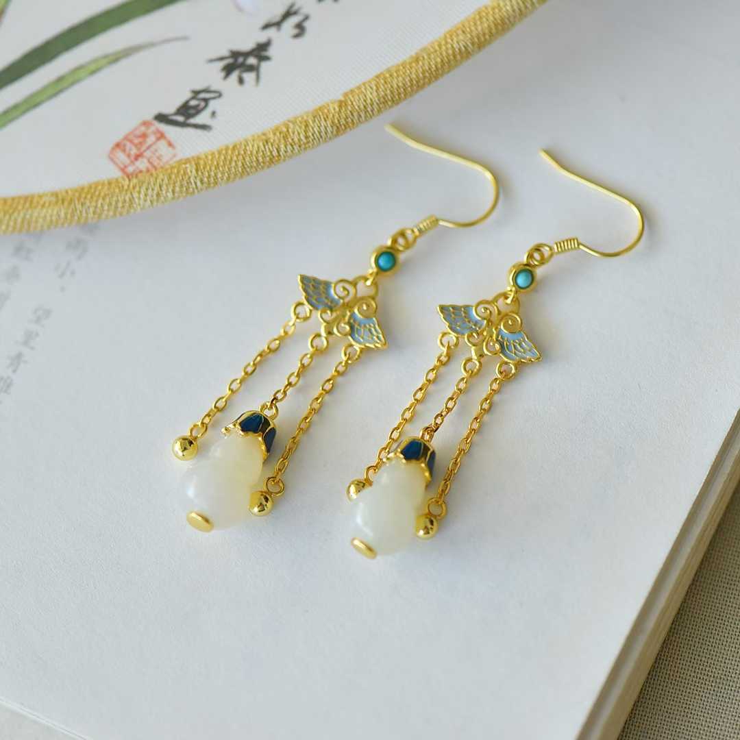 925 Silver Inlaid Nephrite "Blessings, Prosperity & Health" Tassel Earrings - jewelry - weilin.com