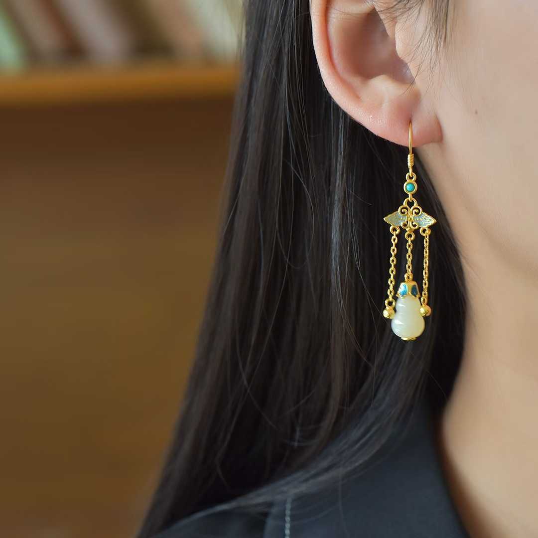 925 Silver Inlaid Nephrite "Blessings, Prosperity & Health" Tassel Earrings - jewelry - weilin.com