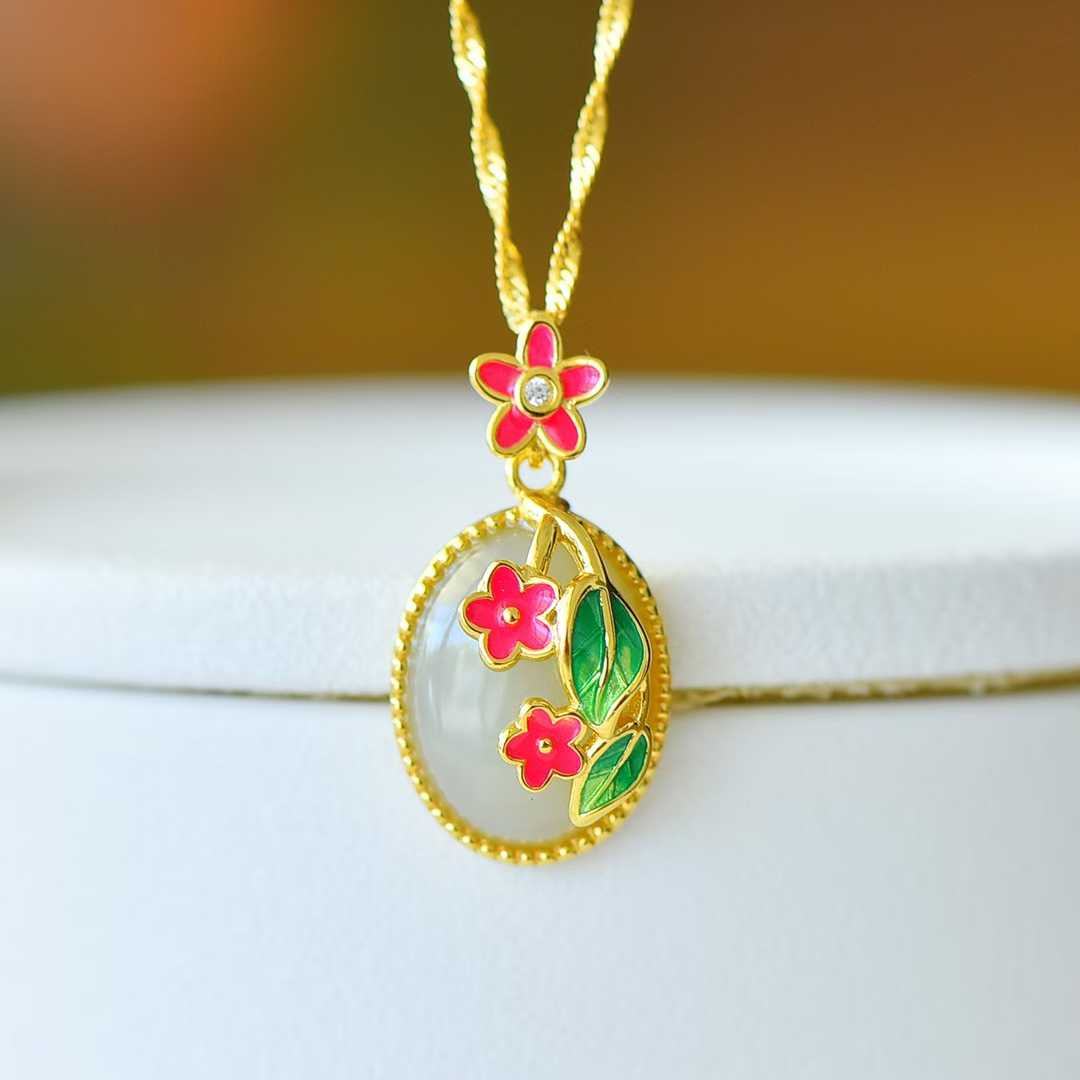 925 Silver Inlaid Nephrite "Blooms in Mid - Summer" Pendant - jewelry - weilin.com