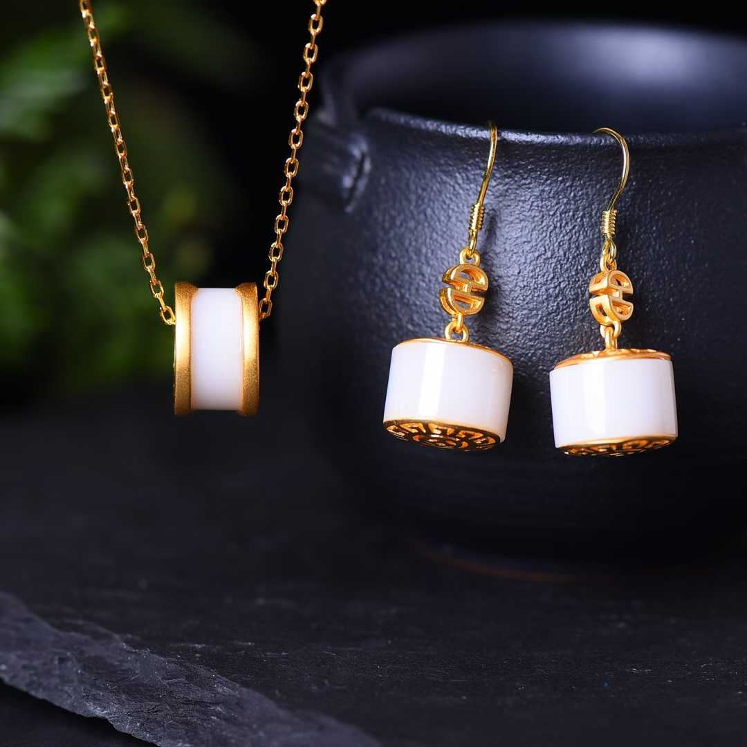 925 Silver Inlaid Nephrite "Bulgari" Lulu Tong Jewelry Set - jewelry - weilin.com