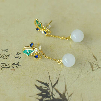 925 Silver Inlaid Nephrite "Butterflies in Flight" Stud Earrings - jewelry - weilin.com