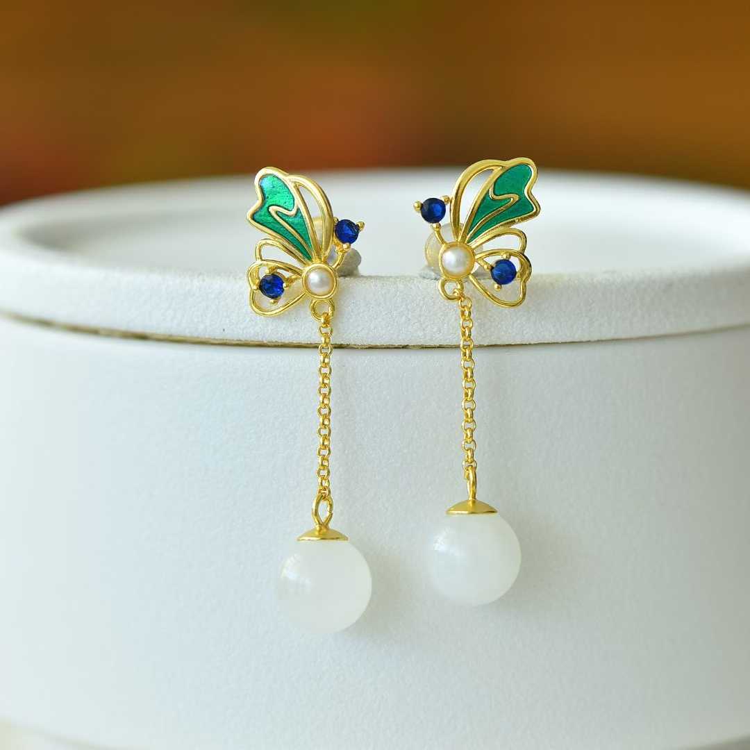 925 Silver Inlaid Nephrite "Butterflies in Flight" Stud Earrings - jewelry - weilin.com