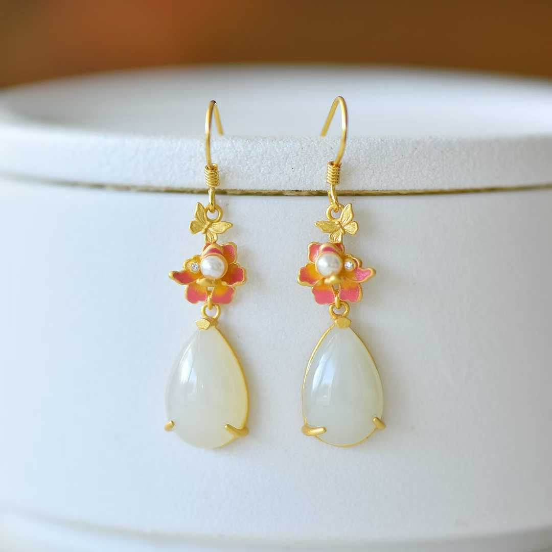 925 Silver Inlaid Nephrite "Butterfly & Flower" Teardrop Earrings - jewelry - weilin.com