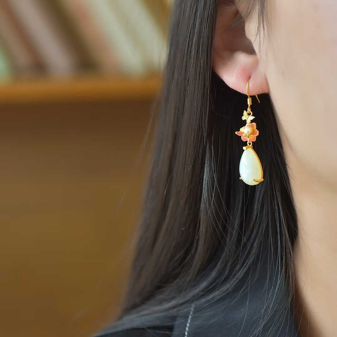 925 Silver Inlaid Nephrite "Butterfly & Flower" Teardrop Earrings - jewelry - weilin.com