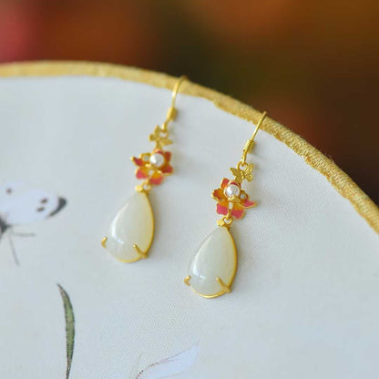 925 Silver Inlaid Nephrite "Butterfly & Flower" Teardrop Earrings - jewelry - weilin.com