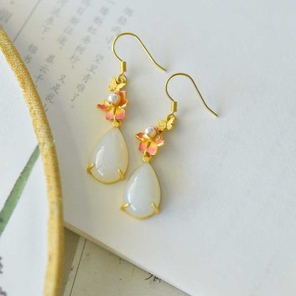 925 Silver Inlaid Nephrite "Butterfly & Flower" Teardrop Earrings - jewelry - weilin.com