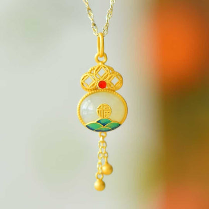 925 Silver Inlaid Nephrite Cabochon "Happiness and Longevity" Tassel Pendant - jewelry - weilin.com