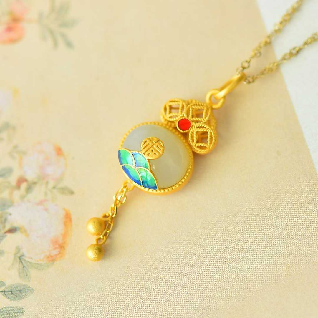 925 Silver Inlaid Nephrite Cabochon "Happiness and Longevity" Tassel Pendant - jewelry - weilin.com