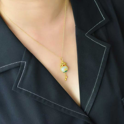 925 Silver Inlaid Nephrite Cabochon "Happiness and Longevity" Tassel Pendant - jewelry - weilin.com