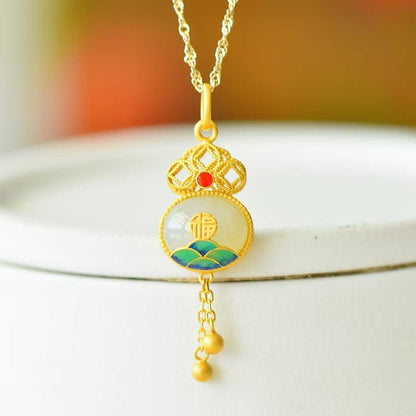 925 Silver Inlaid Nephrite Cabochon "Happiness and Longevity" Tassel Pendant - jewelry - weilin.com