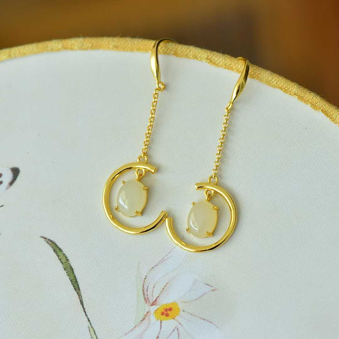 925 Silver Inlaid Nephrite "Crescent Moon" Earrings - jewelry - weilin.com