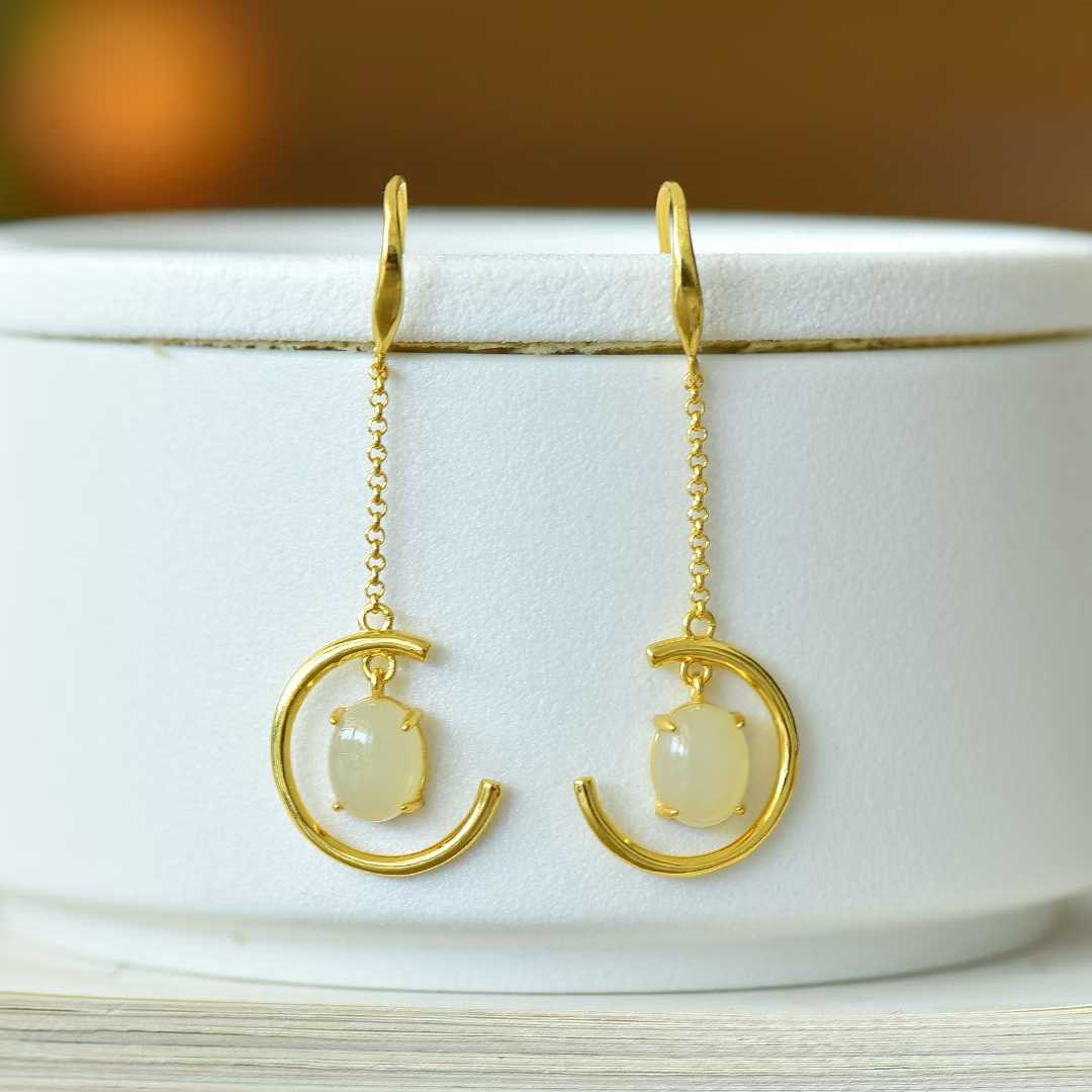 925 Silver Inlaid Nephrite "Crescent Moon" Earrings - jewelry - weilin.com