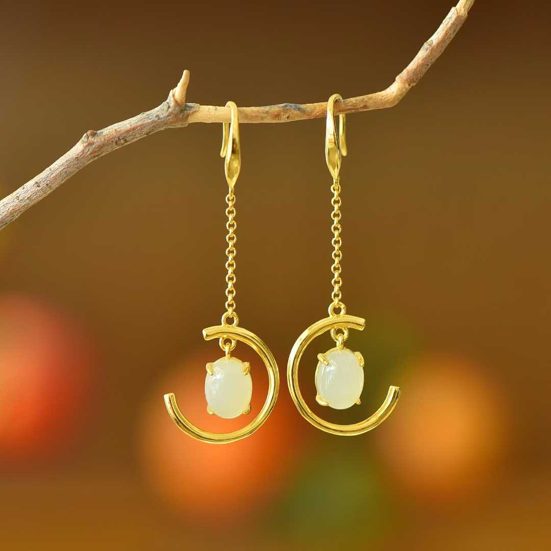 925 Silver Inlaid Nephrite "Crescent Moon" Earrings - jewelry - weilin.com