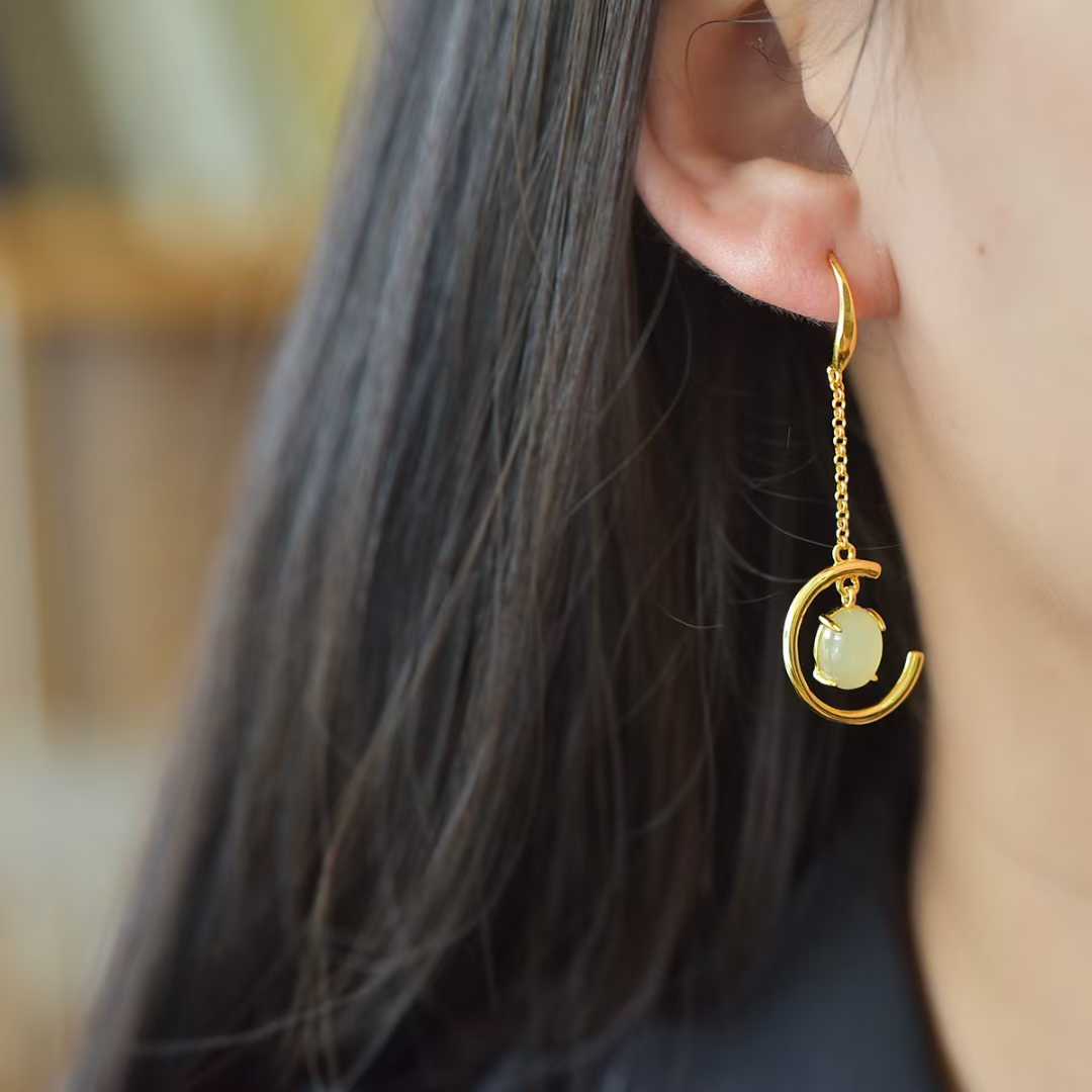 925 Silver Inlaid Nephrite "Crescent Moon" Earrings - jewelry - weilin.com